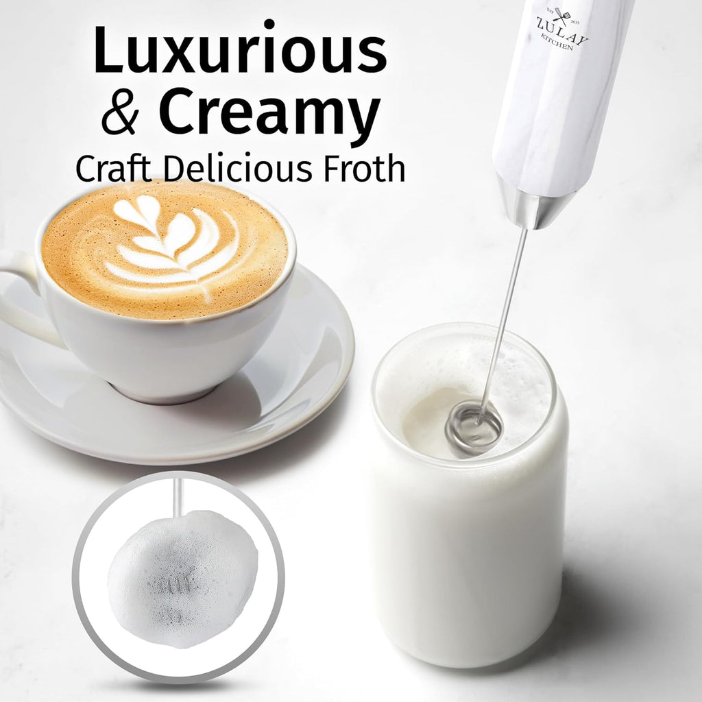 Zulay Kitchen Lux Rechargeable Milk Frother Handheld - Powerful 2-Speed Motor, Fully Waterproof, 2000mAh Battery - Drink Mixer For Latte, Cappuccino, Matcha, Protein Powder - White Marble
