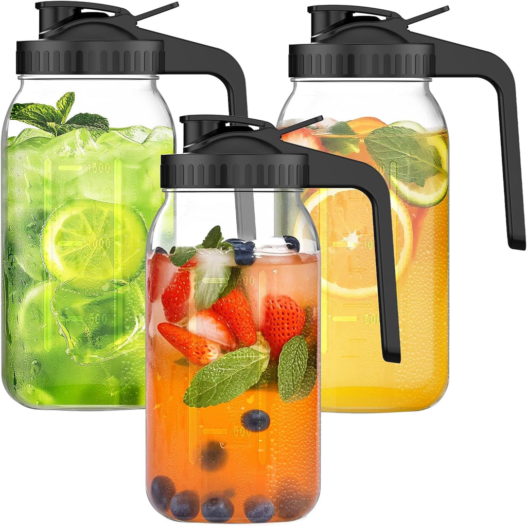 3-Pack 64oz Glass Mason Jar Pitchers with Leak-Proof Lids and Handles – Wide Mouth Design for Sun Tea, Cold Brew, Lemonade, Juice, Iced Tea, and Water