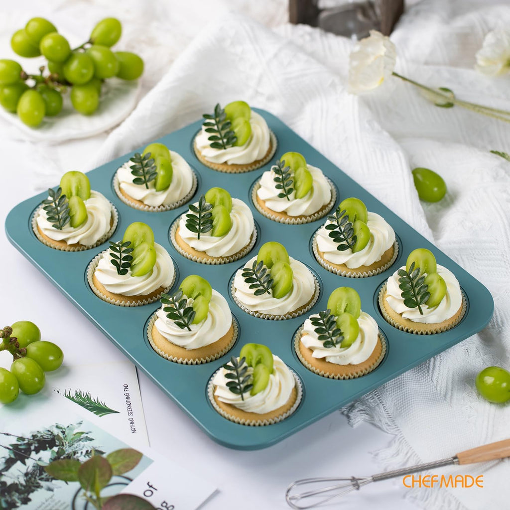 CHEFMADE Muffin Pan, 12 Cups Non-Stick Cupcake Baking Pan Heavy Duty Carbon Steel Pan Muffin Tins Standard Baking Mold for Cakes（Green）