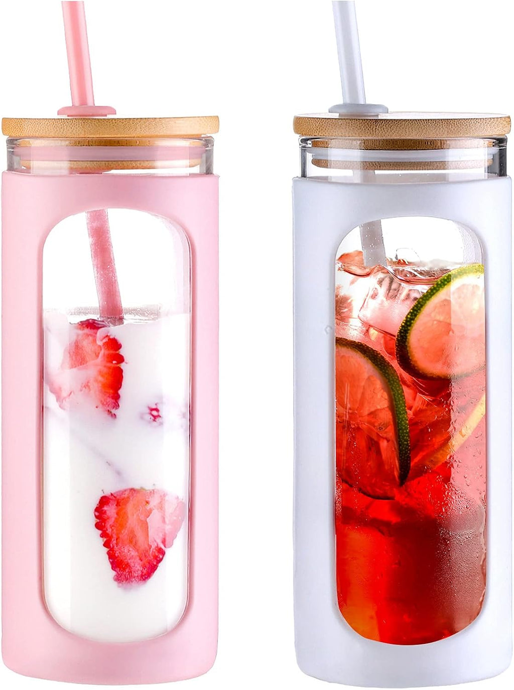 Kodrine 20oz Glass Tumbler with Straw and Lid, Bamboo Lids Water Bottle, Reusable Iced Coffee Cups, Wide Mouth Smoothie Cup with Protective Silicone Sleeve BPA FREE-White+Pink-2pack