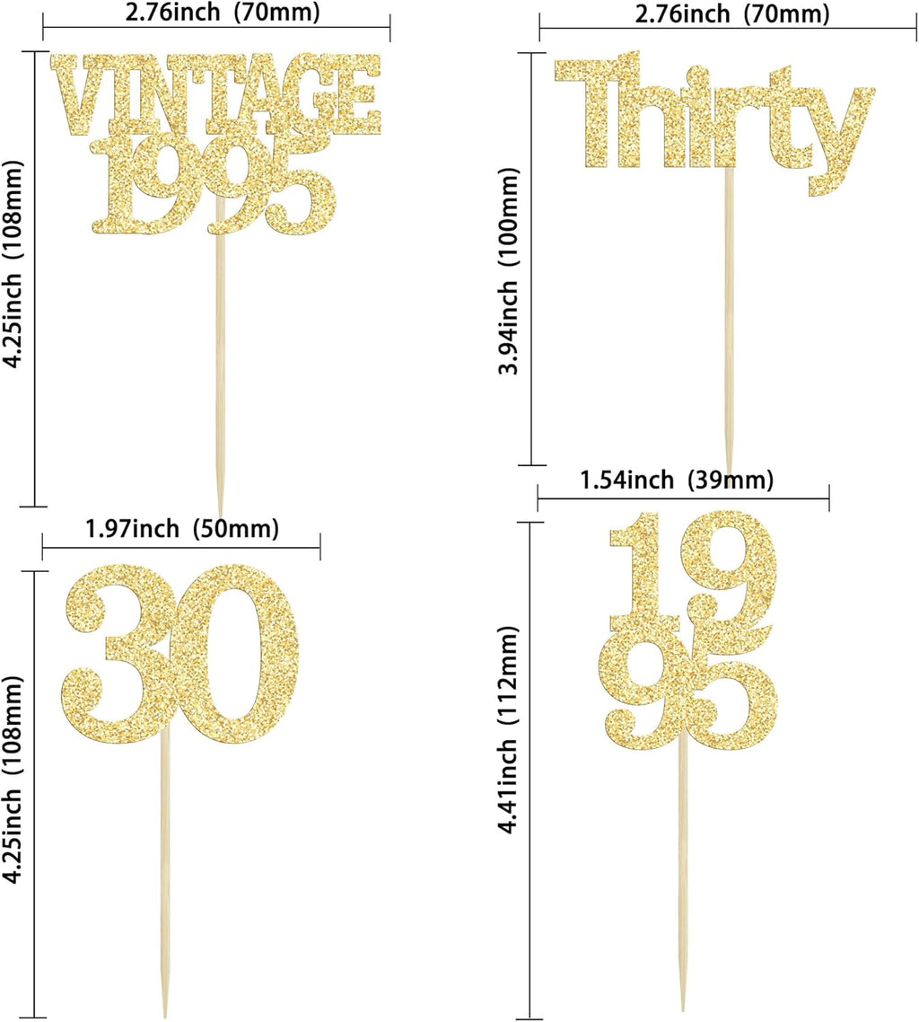 Gyufise 24Pcs Happy 30th Birthday Cupcake Toppers Glitter Thirty 30 Fabulous Vintage 1995 Cupcake Picks for 30th Birthday Wedding Anniversary Party Cake Decorations Supplies Gold