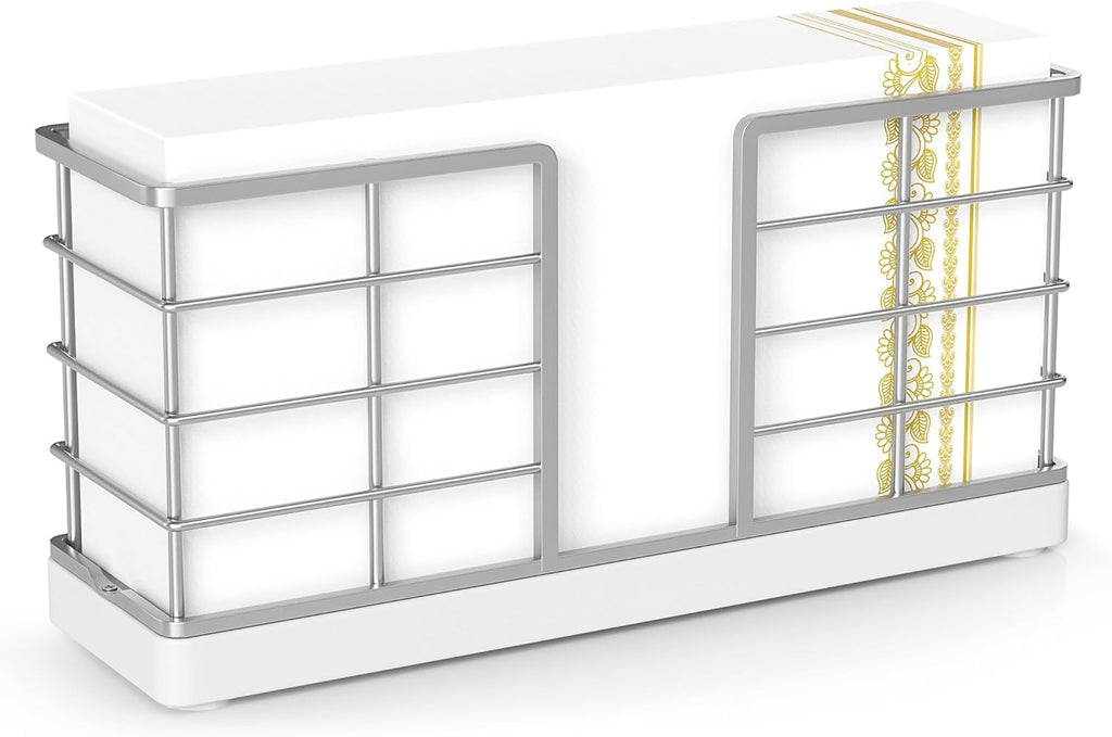 Wican Vertical Stance Bathroom Napkin Holder Takes Up Less Space for Small Guest Bathroom Oak and Iron Towel Tray for Powder Room Wooden Basket for Disposable Paper Hand Towels Silver and Matte White