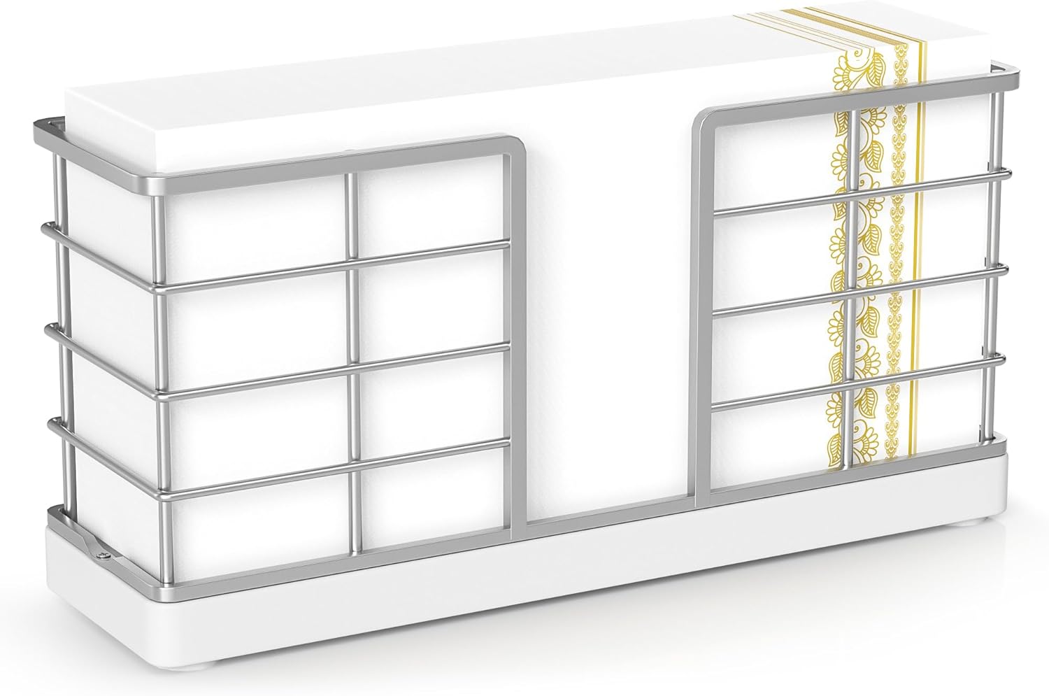 Wican Vertical Stance Bathroom Napkin Holder Takes Up Less Space for Small Guest Bathroom Oak and Iron Towel Tray for Powder Room Wooden Basket for Disposable Paper Hand Towels Silver and Matte White