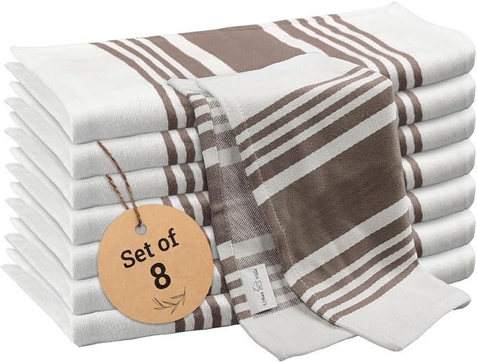 Urban Villa Cotton Dish Cloth Set of 8, Highly Absorbent Super Soft Quick Drying 12x12 Inch Dish Cloths for Kitchen Cleaning & Drying Dishes Mitered Corner Trendy Stripes Kitchen Towels - Grey/White
