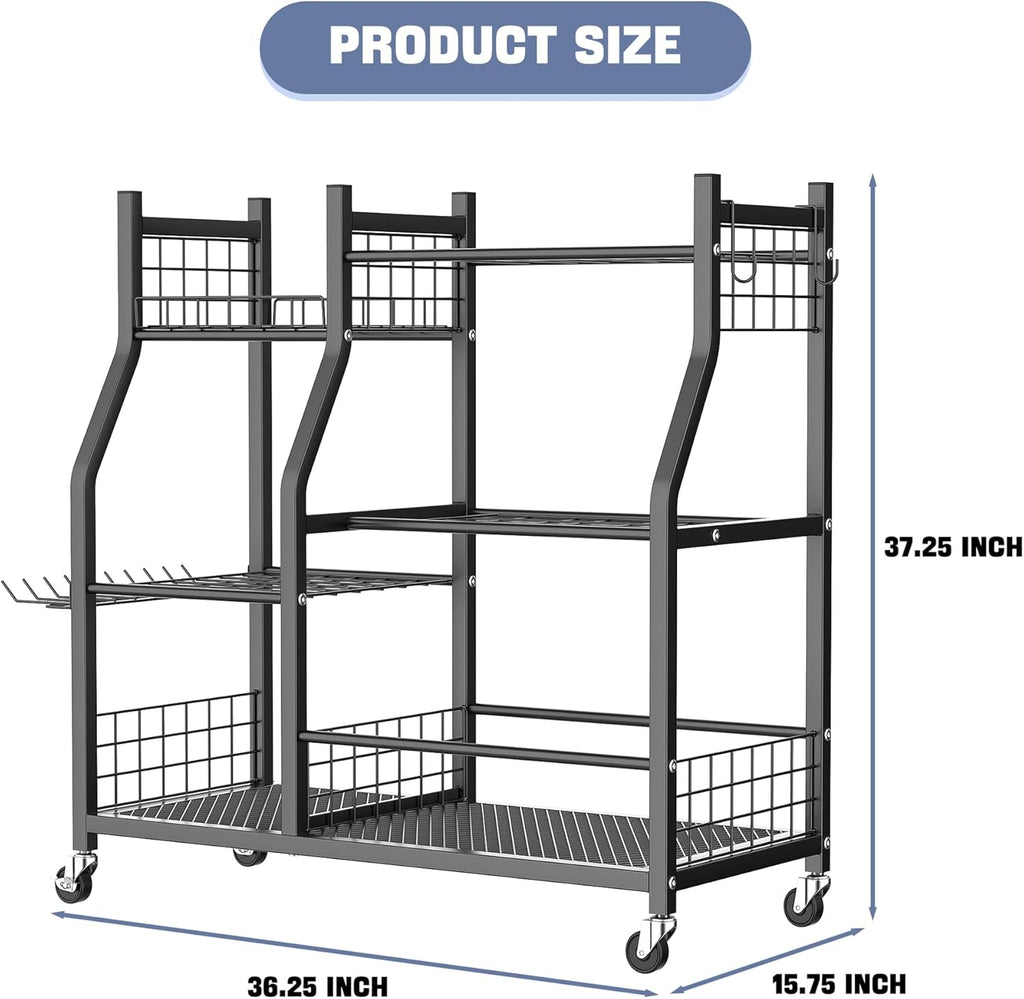 WALMANN Garden Tool Organizer with Wheels for Garage, Large Storage Capacity, Rakes/Shovels/Yard Tools Storage Stand for Shed, Garden, Indoor/Outdoor Long-Handled Tools Rolling Cart