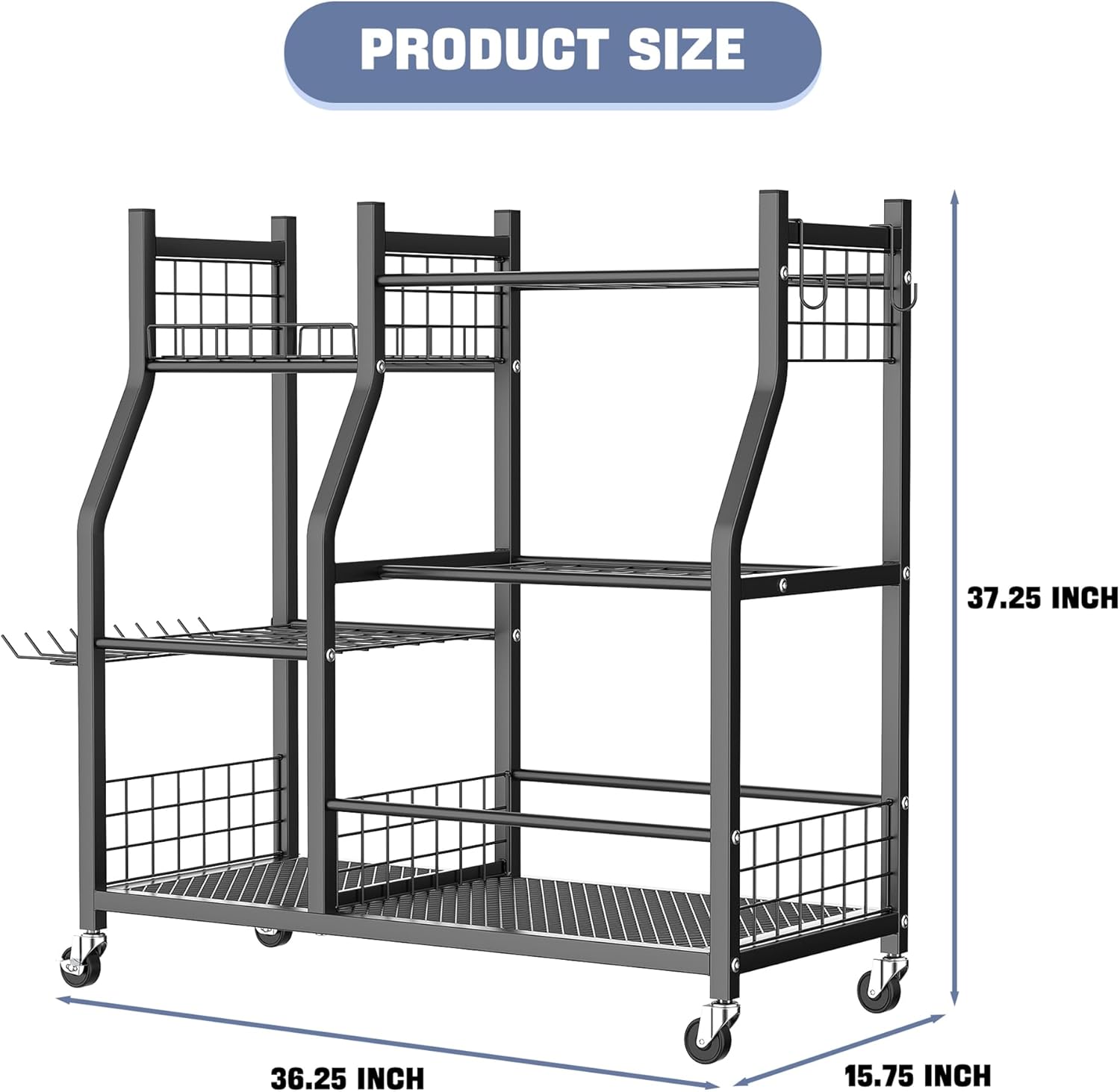WALMANN Garden Tool Organizer with Wheels for Garage, Large Storage Capacity, Rakes/Shovels/Yard Tools Storage Stand for Shed, Garden, Indoor/Outdoor Long-Handled Tools Rolling Cart