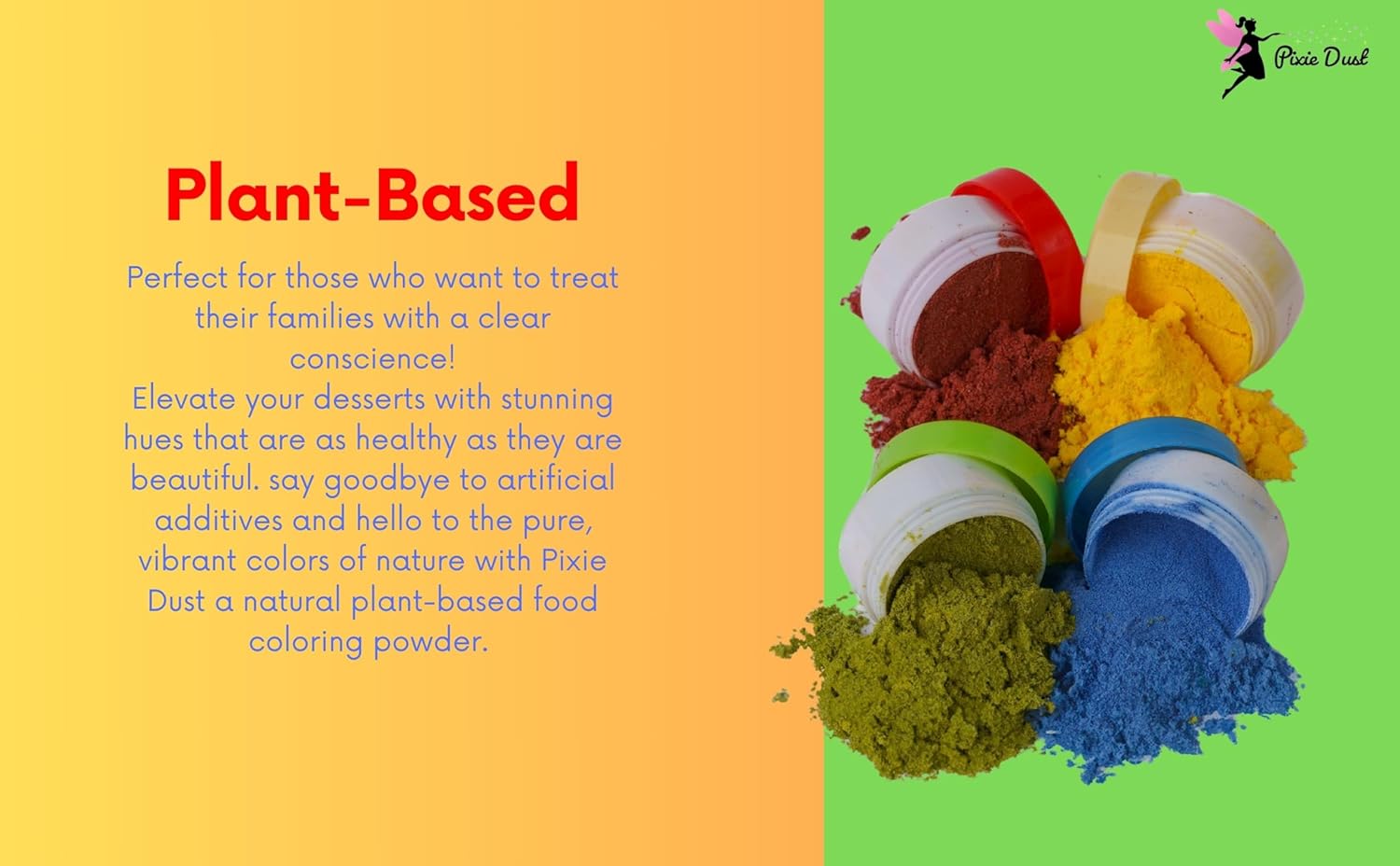All-Natural Food Coloring Powder set. Colors: Red, Yellow, Blue, Green. Dye-Free/Plant-Based/Non-Carmine/Non annatto/FLAVORLESS by PIXIE DUST (Medium .17 oz Each Color .68 oz/20 gr Total)