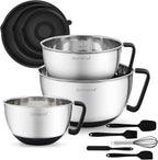 Rorence Stainless Steel Mixing Bowls: Metal Mixing Bowl Set with Lids and Handles Non-slip Silicone Bottom Nesting Bowls for Kitchen Set of 3 - Black