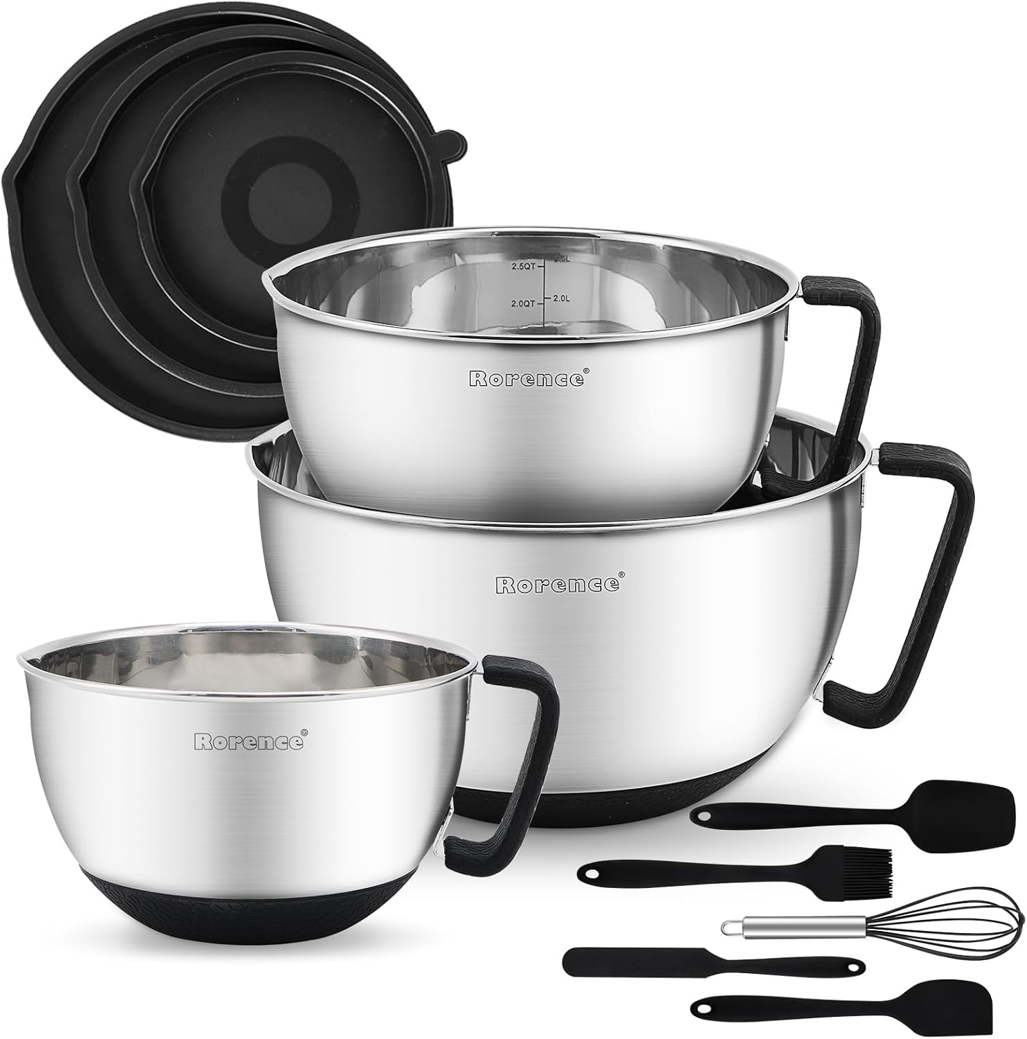 Rorence Stainless Steel Mixing Bowls: Metal Mixing Bowl Set with Lids and Handles Non-slip Silicone Bottom Nesting Bowls for Kitchen Set of 3 - Black