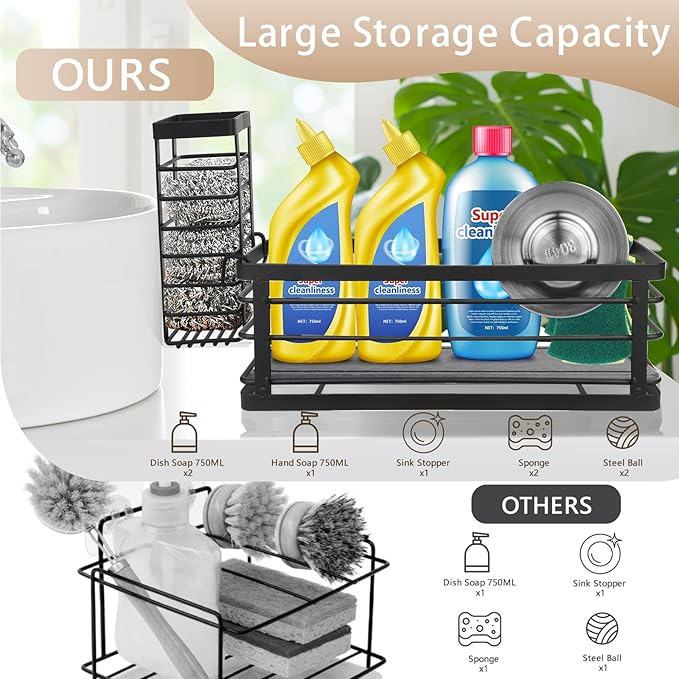 Kitchen Sink Caddy Organizer, 10.5" X 4.0" X 3.6" Sink Sponge Holder for Kitchen with Instant Drying Stone and Dish Brush Holder, Bathroom Organizer for Sponges, Scrubbers, Soap