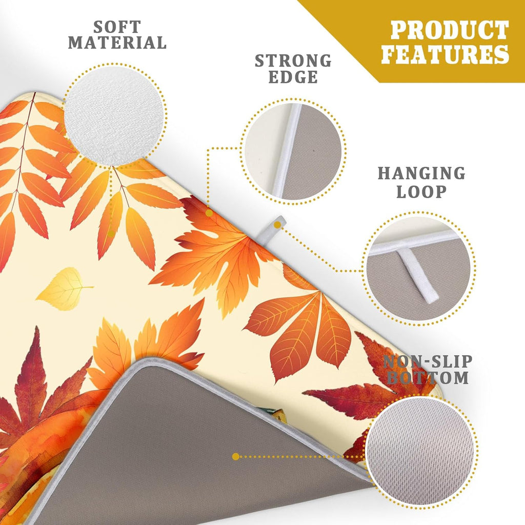 Autumn Pumpkin Maple Leaf Dish Drying Mat for Kitchen Counter,Thanksgiving Fall Holiday Drying Mat with Hanging Loop 18 x 24 Inch Microfiber Dish Drying Pad Dish Rack Drainer Mat for Coffee Bar