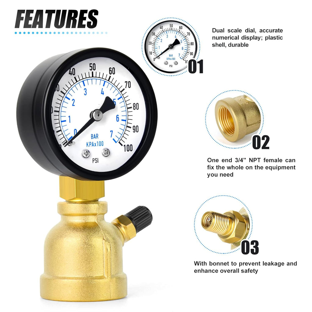 MEANLIN MEASURE 0-100Psi Forged Brass Air Test Pressure gauges, 3/4" FNPT Connection, 2" Double Graduated, Bell Shape Body Assembly, -3-2-3% Accuracy