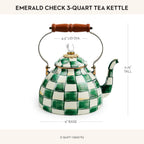 MACKENZIE-CHILDS Enamel Tea Kettle, Stylish Tea Kettle for Stovetop, Green-and-White Emerald Check, 3 Quarts