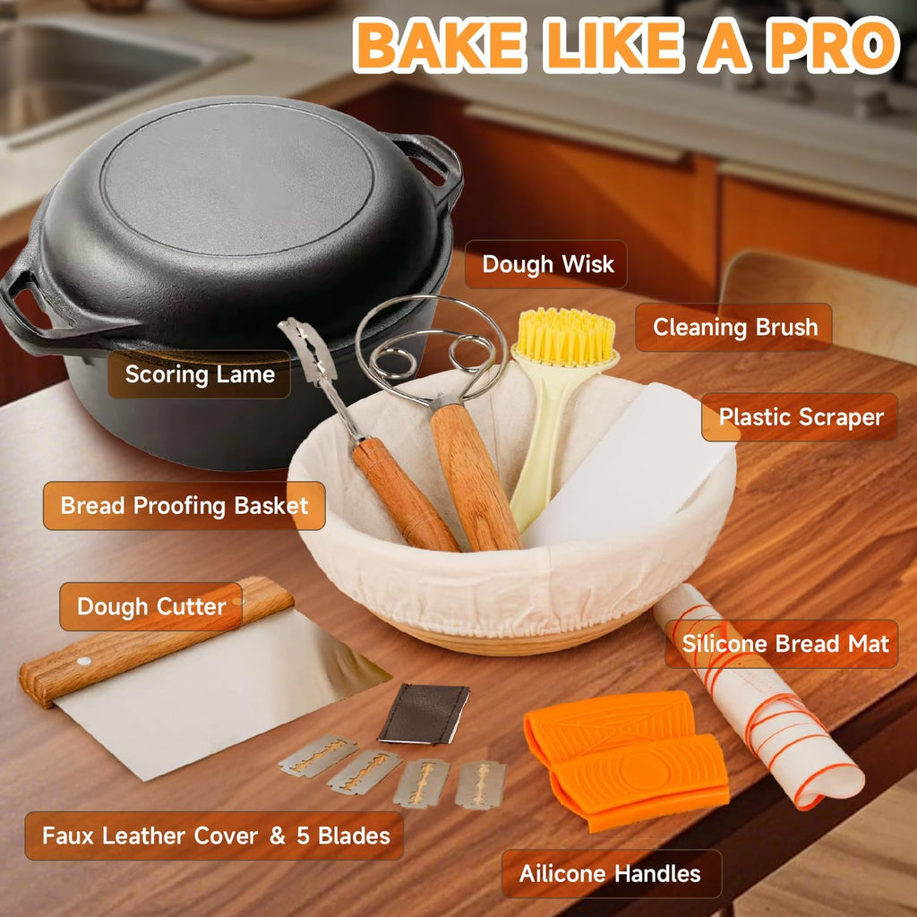 Cast Iron Dutch Oven Bread Baking Kit - 10-Piece Set with Banneton Basket, Dough Scraper, pizza shovel，Bread Lame, Whisk, Brush, and Silicone Grips with Skillet Lid Cooking Pan Handles Lame, 5QT