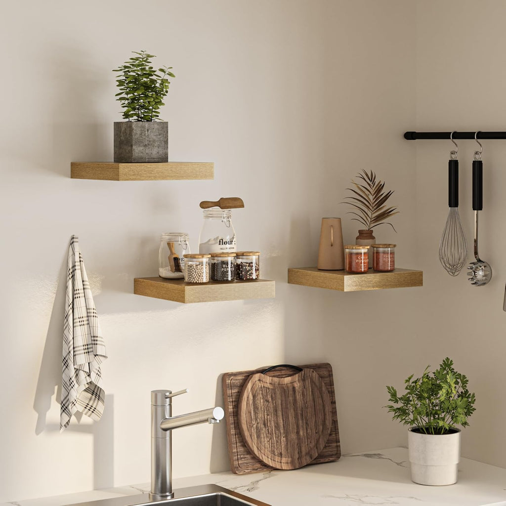 Square Floating Shelves for Wall, 12" W x 12" D x 1.2" H, Small Wooden Wall Mounted Display Shelves with Invisible Brackets for Living Room, Bedroom, Bathroom, Kitchen Decor, Set of 3, Oak