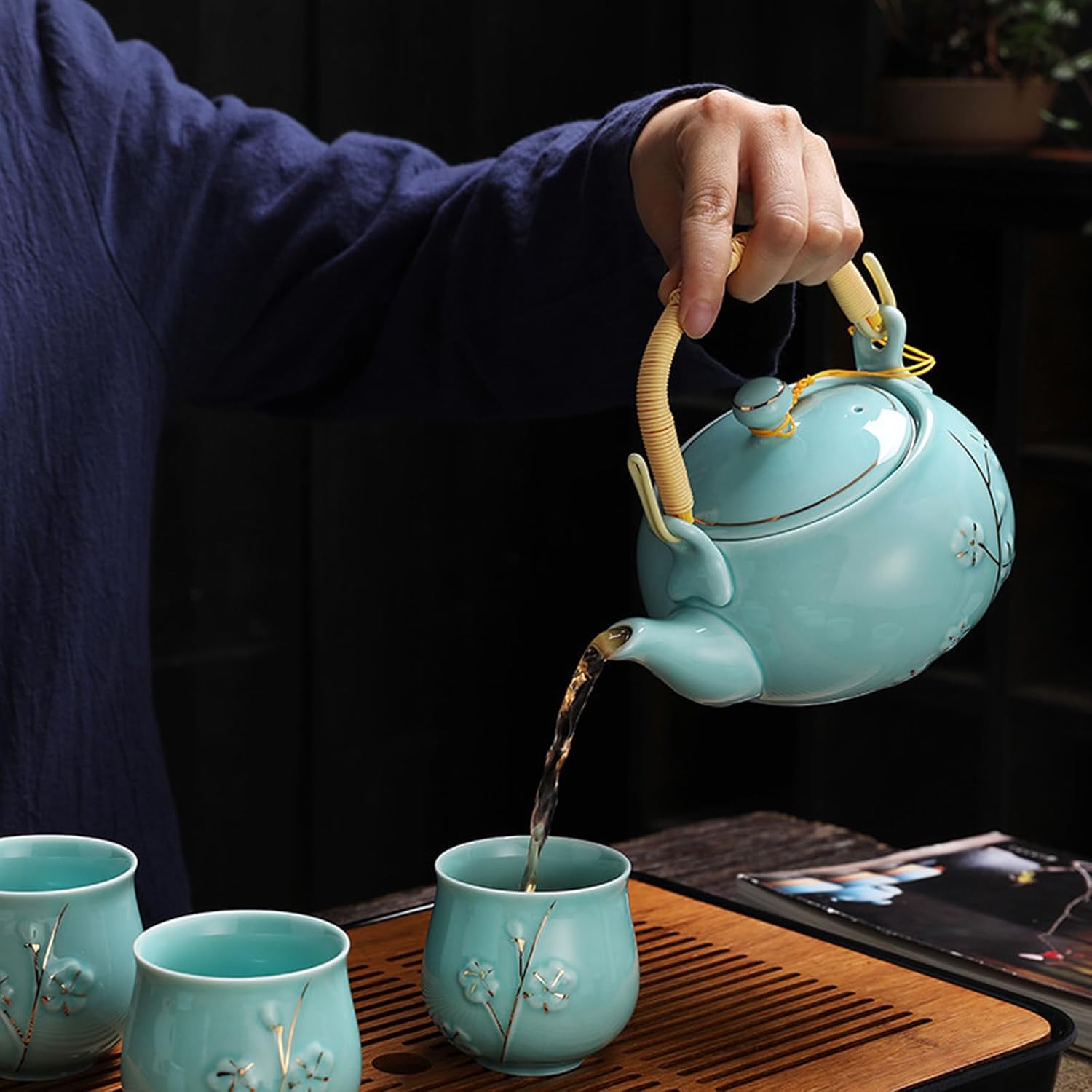 KEYDUACU Japanese Tea Set, Celadon Ceramic Tea Set, Plum Blossom Embossed, Includes 1 Teapot, 6 Anti-scald Teacups,Tea Tray,Strainer, Home, Outdoor, Gift, Chinese Kung Fu Tea Set(FDMH-FT-CYAN)