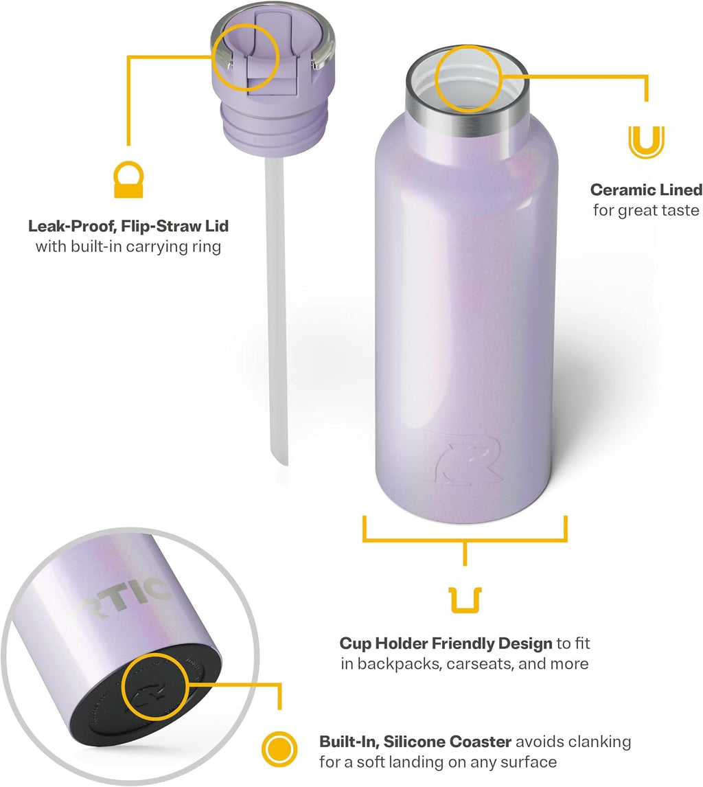 RTIC 16oz Journey Bottle Metal Stainless Steel Vacuum Insulated, BPA Free, Reusable, for Water, Hot and Cold Drinks, Travel, Sports, Camping, Lavender Glitter