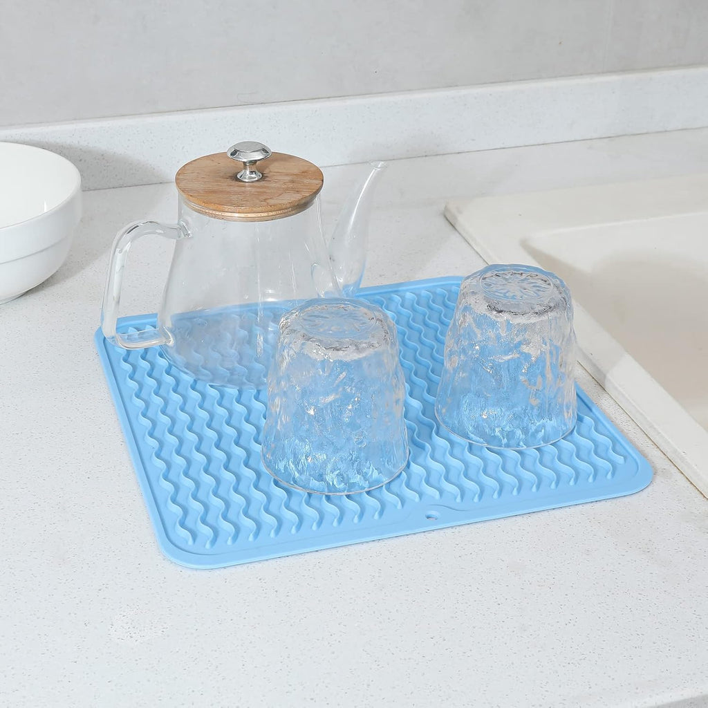 Silicone Dish Drying Mat for Multiple Usage,Easy clean,Eco-friendly,Heat-resistant Silicone Mat for Kitchen Counter or Sink,Refrigerator or Drawer liner Light Blue M 12 inches x 12 inches