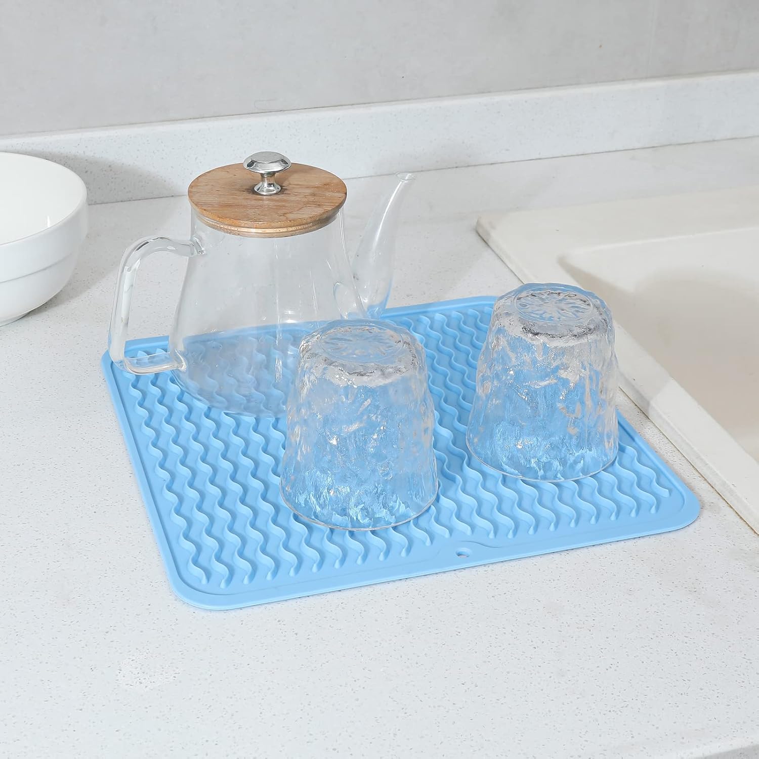 Silicone Dish Drying Mat for Multiple Usage,Easy clean,Eco-friendly,Heat-resistant Silicone Mat for Kitchen Counter or Sink,Refrigerator or Drawer liner Light Blue M 12 inches x 12 inches