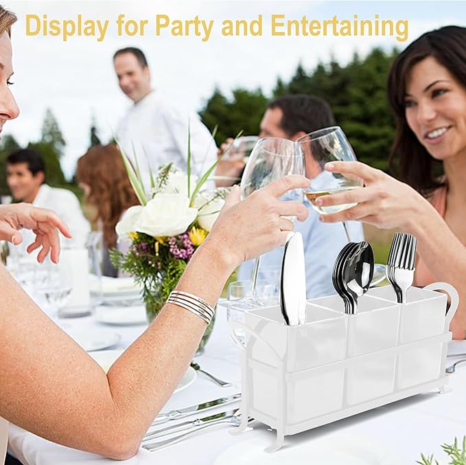 Cutlery Holder with Drain Holes, Silverware Caddy for Party, kitchen counter, 3pcs Bins Set Countertop Utensil Holder for Spoons, Forks and Knives, White