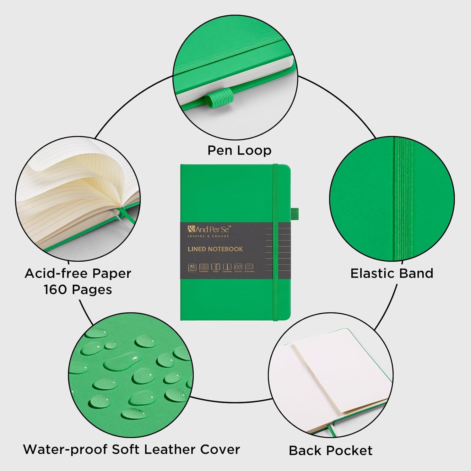 &And Per Se Lined Journal Notebook, 160 Pages, A5 5.7 x 8 inches College Ruled Thick Paper Notebook Journals for Writing, Hardcover Notebooks for Women Men Office School (1 Pack, Emerald)