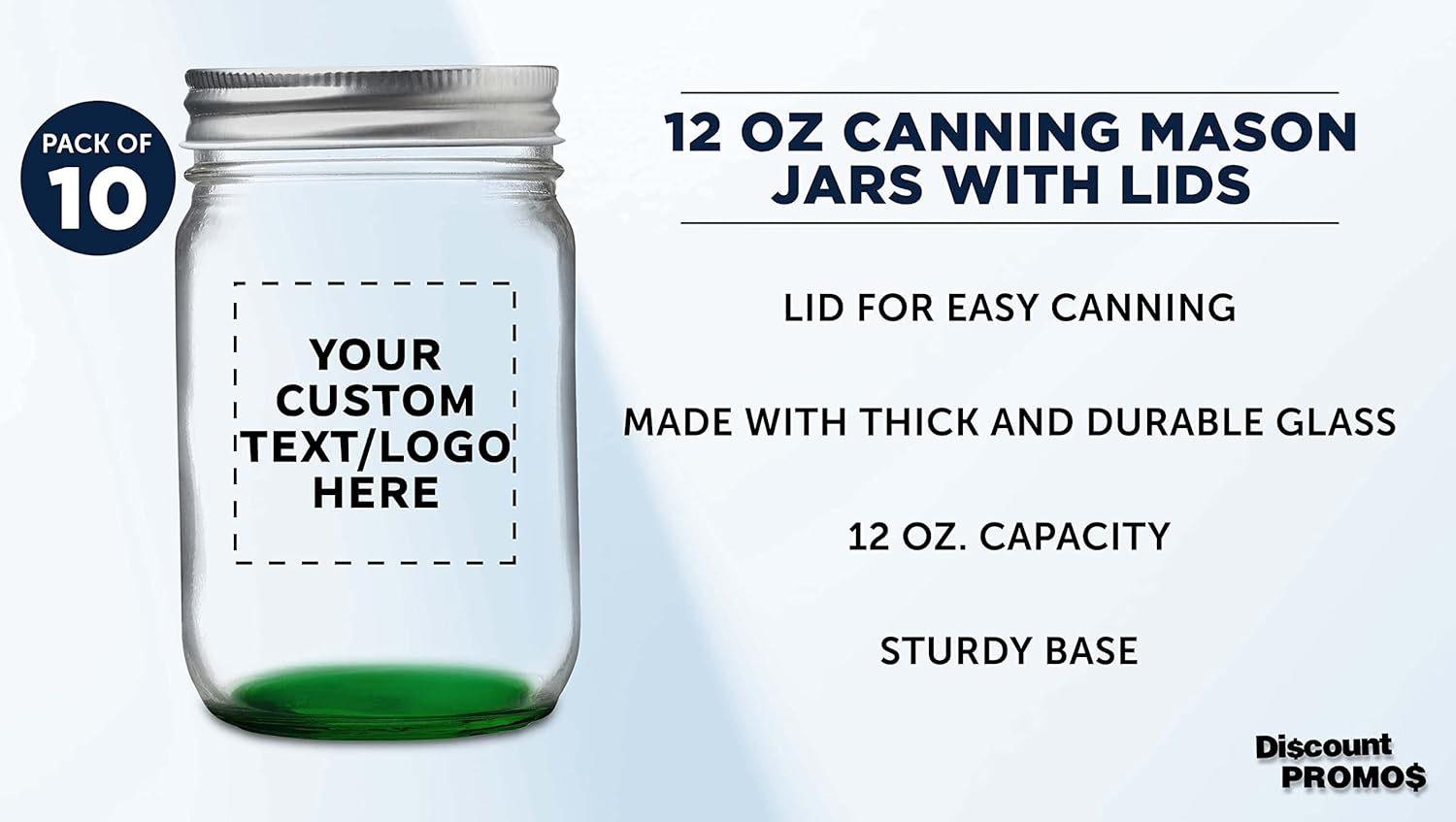 DISCOUNT PROMOS 10 Decorating Mason Jars Set, 12 oz. - Customizable Text, Logo - Canning, Aluminum Lid - Green