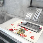 Valentine's Day Dish Drying Mat for Kitchen Counter,Red Love Canes Hearts Decorative Mason Jar Drying Mat 18 x 24 Inch with High Absorbent Microfiber Drainer Mat for Coffee Bar