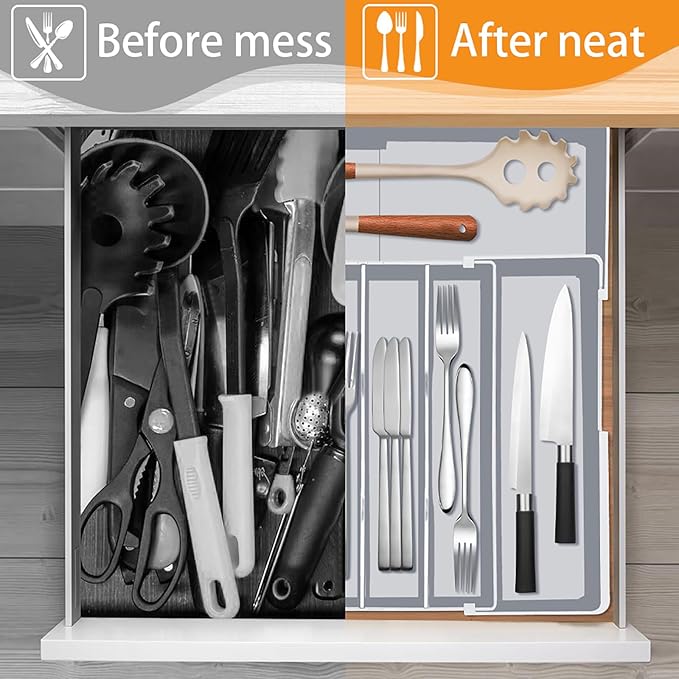 Homecor Silverware Drawer Organizer for Kitchen - Adjustable Utensil Holder Drawer Organizer, BPA Free Flatware and Cutlery Tray, Expandable Plastic Storage for Spoons Forks Knives, Grey