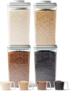 4 Pack Airtight Food Storage Containers with One-Hand Pop Lid, 4.23Qt Rice & Grain Organizer Set with Measuring Scoop, Stackable BPA-Free Kitchen Pantry Bins for Flour, Rice, Cereal, Pet Food