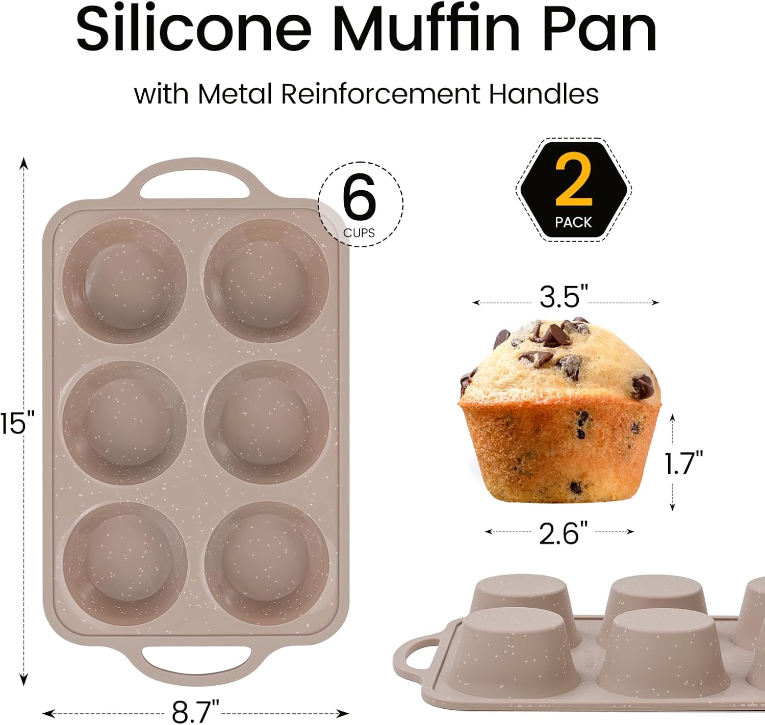 Vinino 2Pack Jumbo Silicone Muffin Pans for Baking with Metal Reinforced Frame, 6 Cups Large Size Nonstick Silicone Cupcake Pan, BPA Free Oven Dishwasher Safe Baking Mold for Muffins Cupcakes
