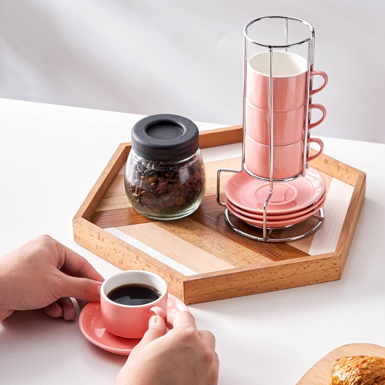 2.5 Ounce Porcelain Espresso Cups with Saucers and Silver Stand, Pink Stackable Cups Set of 4