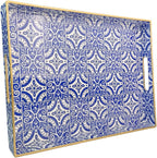 Serving Tray with Handles, Rectangular Decorative Trays for Coffee Table, Plastic Ottoman Tray for Living Room, Decor, Boho Blue, 15.7”*11.8”*1.6"