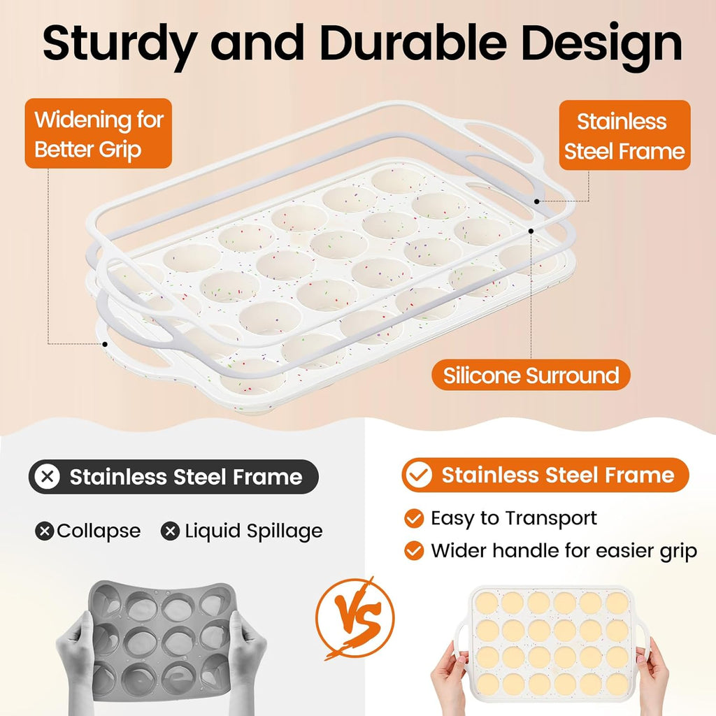 Muffin Pans With Metal Reinforced Frame - 24 Cups Durable Silicone Baking Pan for Muffins, Cupcakes, BPA Free and Dishwasher Safe - Beige with Rainbow Spots, Set of 2