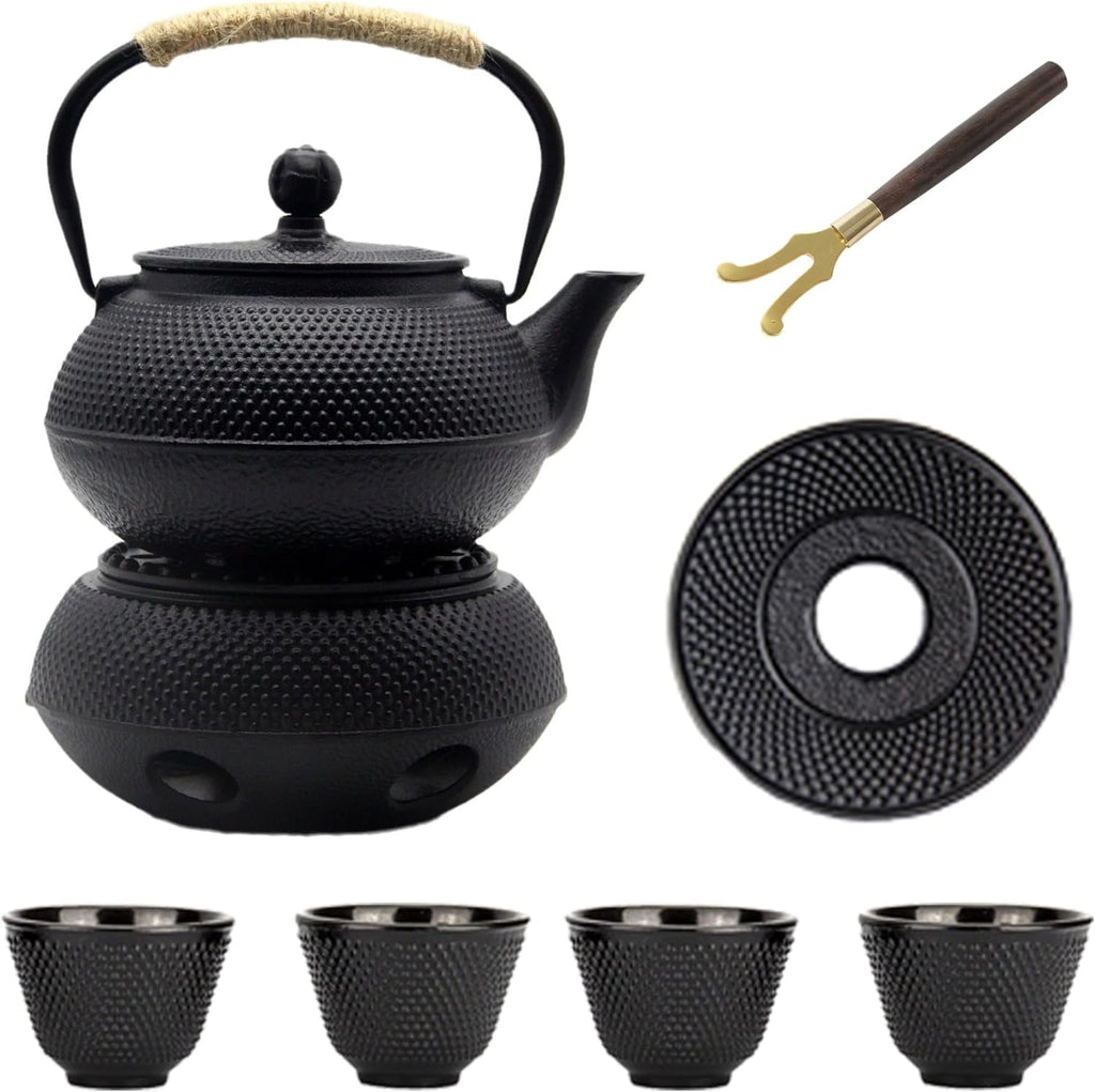 YJX Cast Iron Teapot Set with Cast Iron Warmer, Japanese Tetsubin Tea Kettle Set with Cups,Cast Iron Teapot with Stainless Steel Infuser and Enameled Interior(600ml Teapot Set Combination 1), Black
