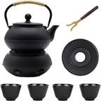 YJX Cast Iron Teapot Set with Cast Iron Warmer, Japanese Tetsubin Tea Kettle Set with Cups,Cast Iron Teapot with Stainless Steel Infuser and Enameled Interior(600ml Teapot Set Combination 1), Black