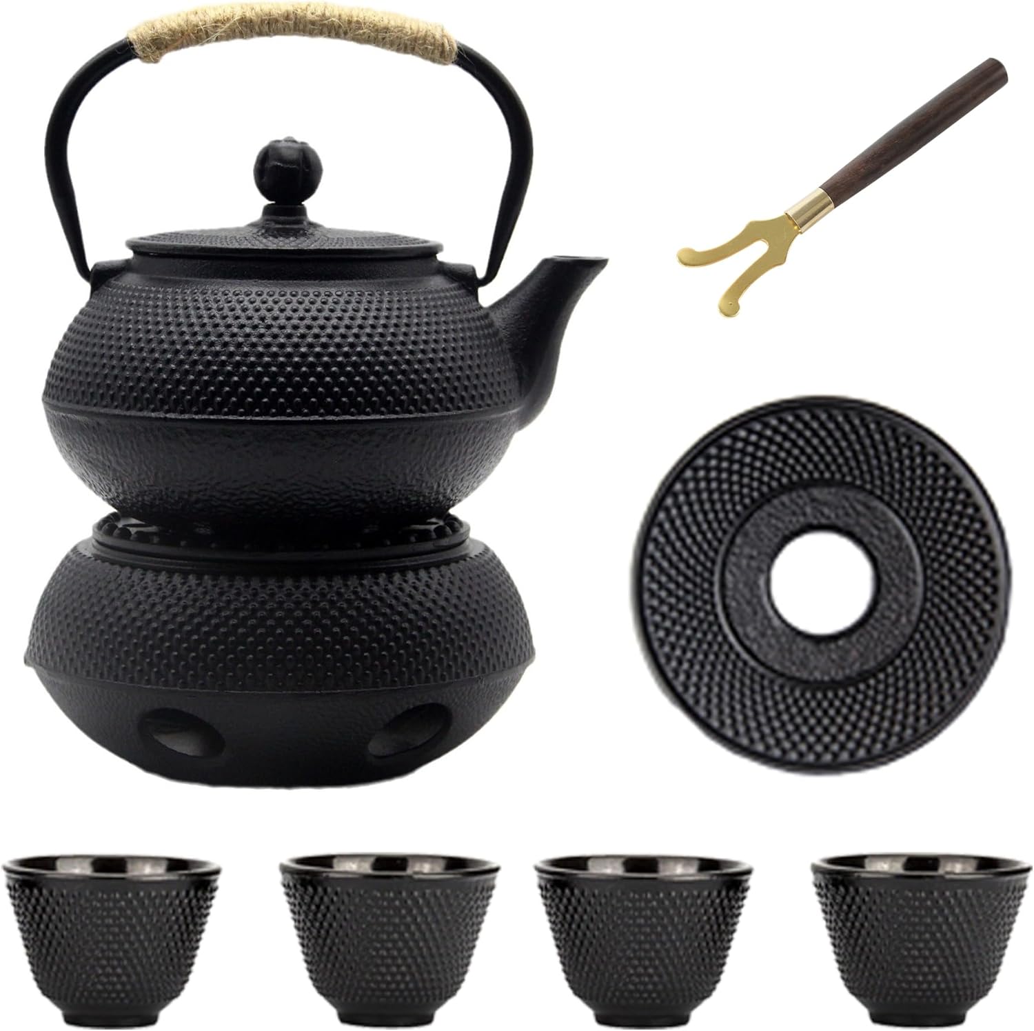 YJX Cast Iron Teapot Set with Cast Iron Warmer, Japanese Tetsubin Tea Kettle Set with Cups,Cast Iron Teapot with Stainless Steel Infuser and Enameled Interior(600ml Teapot Set Combination 1), Black