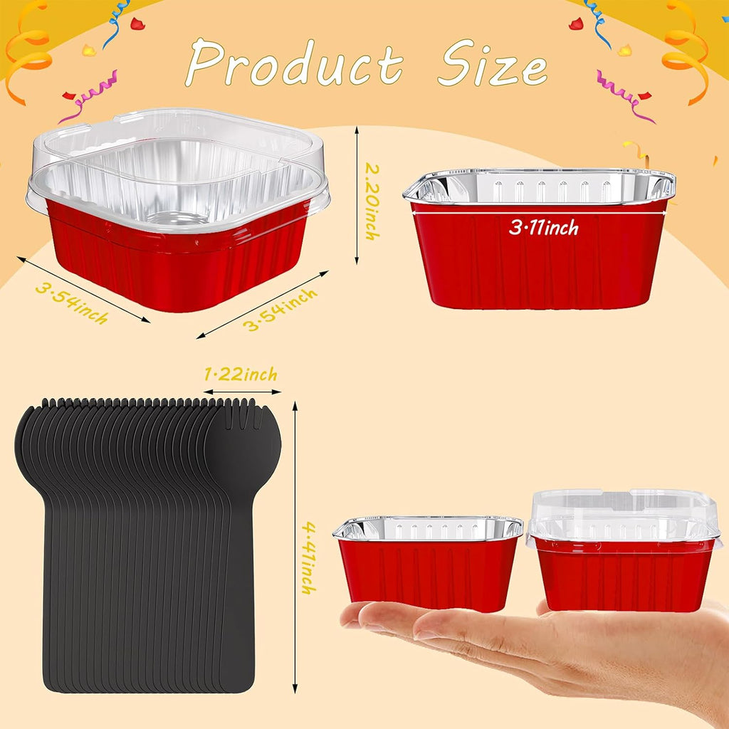 25 Pack Square Mini Cake Pans with Lids,Mini Loaf Pans with Lids,Aluminum Foil Baking Cups,Disposable Ramekins Cupcake Cups,Dessert Cups for Wedding Birthday Party Picnics,5oz (Red)