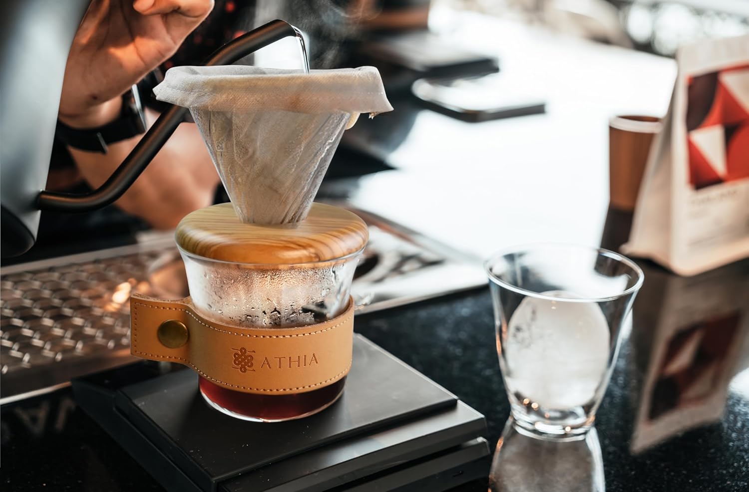 ATHIA glass pour over coffee maker set, minimalist drip coffee maker with reusable cloth filter, glass coffee dripper, olive lid & leather sleeve for single cup manual brewing (Olive Wood)