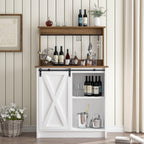 4ever2buy Farmhouse Coffee Bar Cabinet with Storage, White Coffee Bar with Hutch and 6 Hooks, 31.5 Inch Hutch Cabinet with Sliding Barn Door and Adjustable Shelves for Living Room