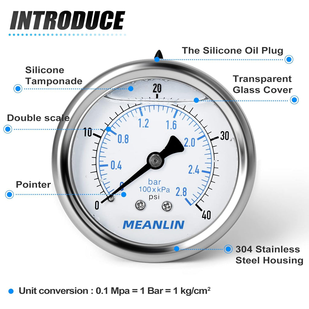 MEANLIN MEASURE 0~40Psi Stainless Steel 1/4" NPT 2.5" FACE DIAL Liquid Filled Pressure Gauge WOG Water Oil Air,Cencter Back Mount, with 1/4" x 1/2" NPT and 1/4" x 3/8" NPT Hex Bushing