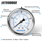 MEANLIN MEASURE 0~40Psi Stainless Steel 1/4" NPT 2.5" FACE DIAL Liquid Filled Pressure Gauge WOG Water Oil Air,Cencter Back Mount, with 1/4" x 1/2" NPT and 1/4" x 3/8" NPT Hex Bushing