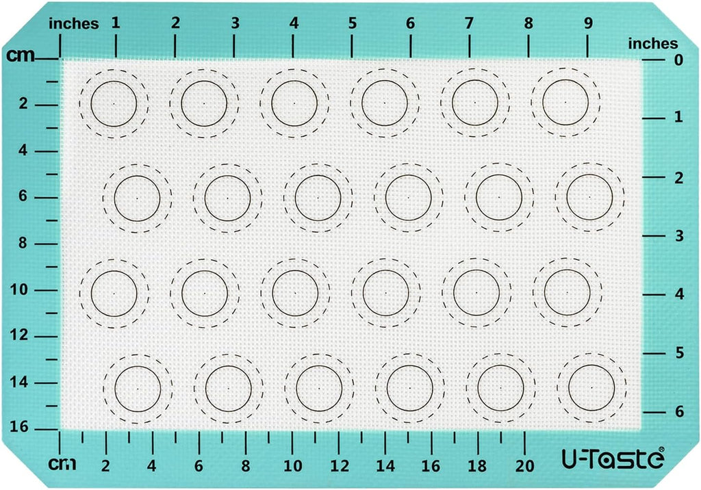 446ºF Heat Resistant Macaron Mat: U-Taste 11.75x8.25in Non Stick Silicone Baking Mat, Reusable Cookies Pastry Sheet Liner with Edge Enhancement & Circle Measurement for Cake Pan (Aqua Sky)