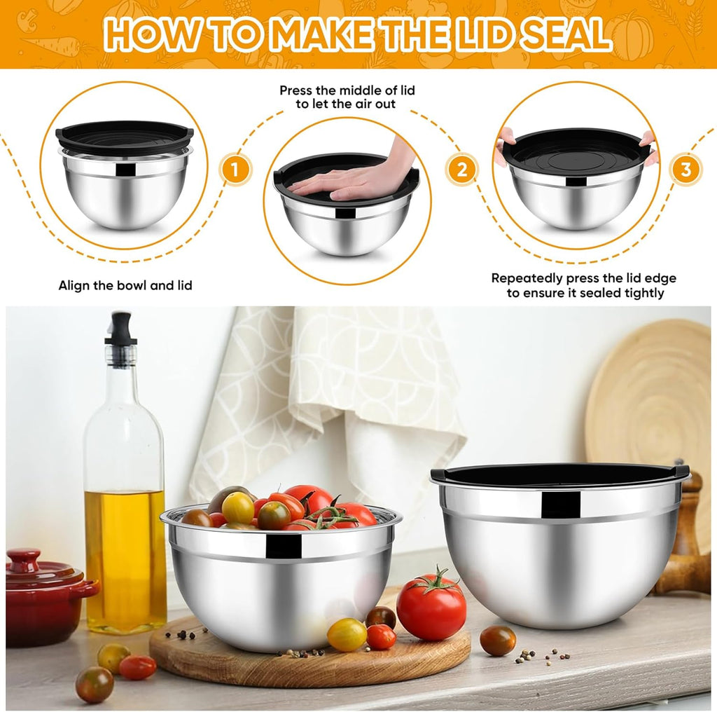 TeamFar Mixing Bowl Set of 5, 4.5/3/1.5/1/0.7 QT, Stainless Steel Metal Nesting Salad Bowl with Lid Set, Ideal for Mixing Serving, Non-Toxic & Sturdy, Airtight Lid & Easy Clean, Black