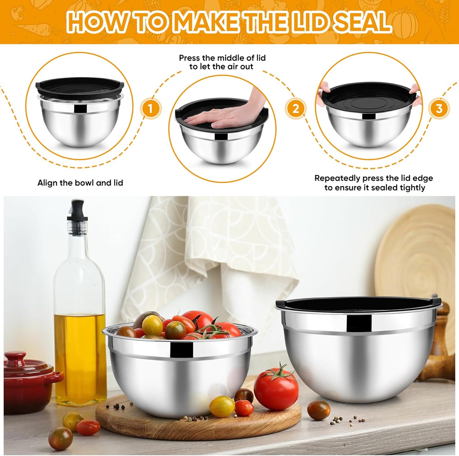 TeamFar Mixing Bowl Set of 5, 4.5/3/1.5/1/0.7 QT, Stainless Steel Metal Nesting Salad Bowl with Lid Set, Ideal for Mixing Serving, Non-Toxic & Sturdy, Airtight Lid & Easy Clean, Black