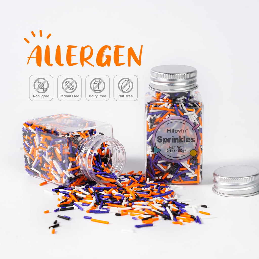Edible Halloween Sprinkles for Cake Decorating, Halloween Jimmies Sprinkle, Nonpareils Sprinkle, White, Orange, Purple, and Black Sprinkles for Cupcakes, Macarons, Ice Cream, and Cookies