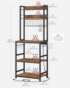 VASAGLE Hutch Bakers Rack with Power Outlet, 14 Hooks Microwave Stand, Adjustable Coffee Bar with Metal Wire Panel, Kitchen Storage Shelf, 15.7 x 23.6 x 66.9 Inches, Rustic Brown and Black UKKS037B01