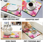Dish Drying Mat, 24x18in, Watercolor Flower, Nylon, Diatomite, Rubber Backed, Absorbent, Quick Dry, Non-Slip, Wide Use