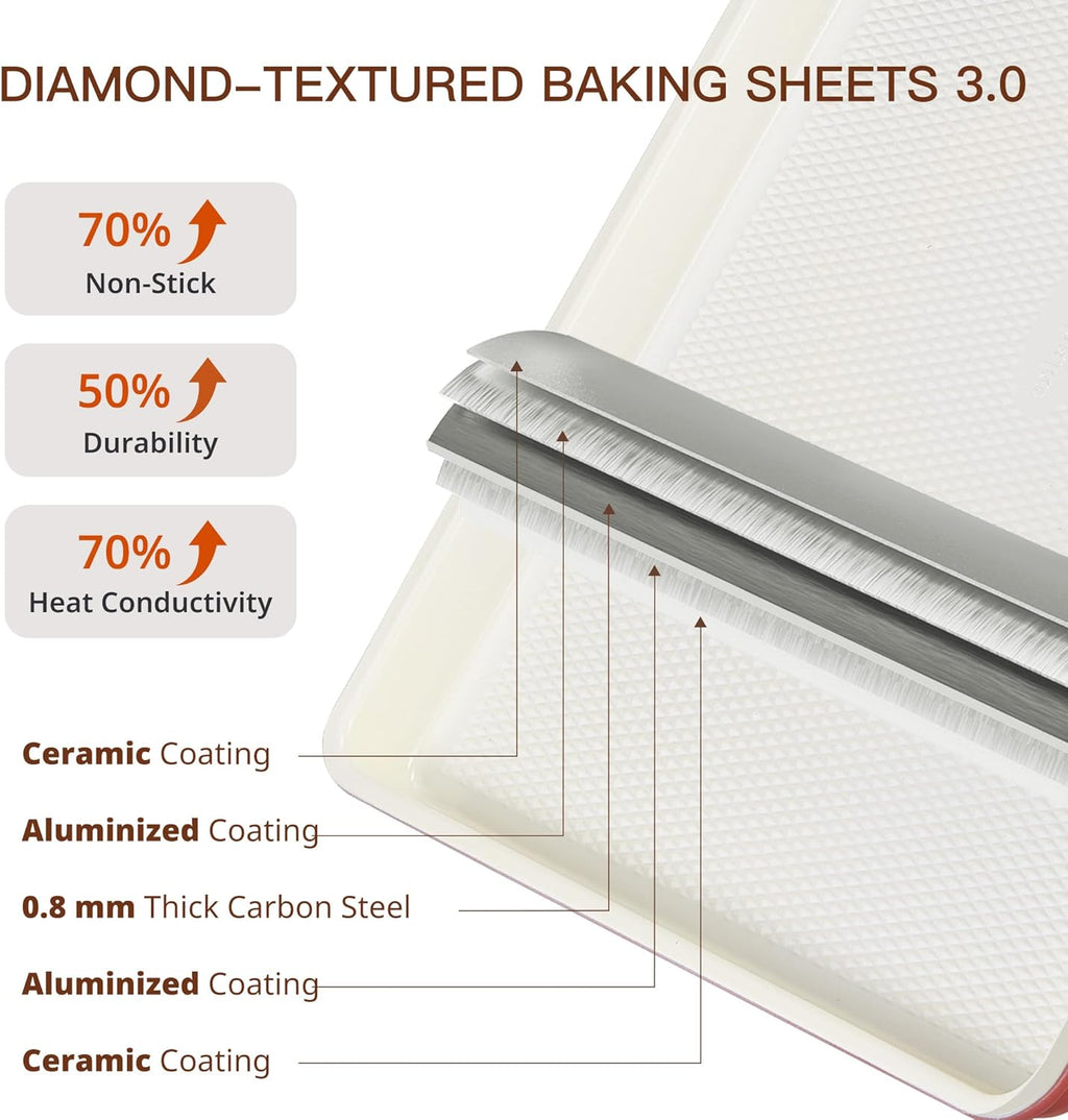 HONGBAKE 3 Pack Nonstick Ceramic Baking Sheet Pan Set for Oven, Non-Toxic Half/Quarter/Jelly Roll Pans with Diamond Texture, 0.8mm Aluminized Steel Cookie Trays for Cooking, Christmas Red & Cream