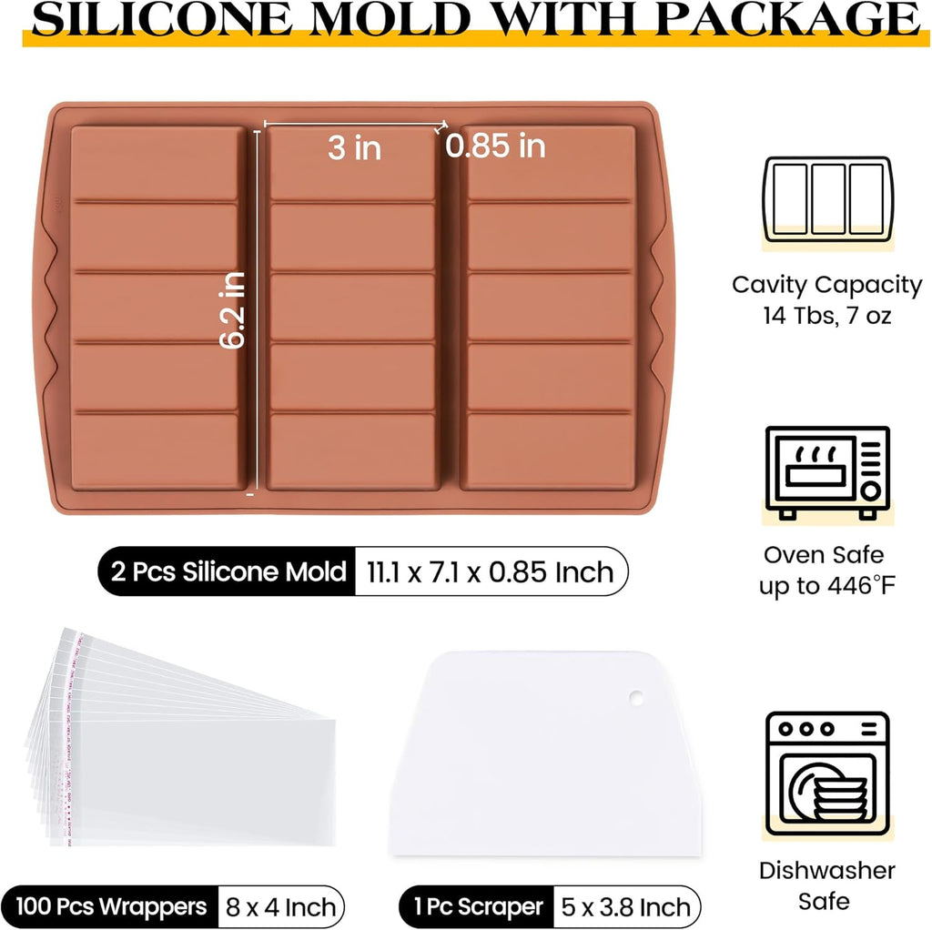 2 Pcs Chocolate Bar Molds Deep Large Chocolate Molds Silicone Break Apart Thick Silicone Molds for Candy Bar, With 100 Pcs Bags and 1 Pc Scraper Set (5 Snap）