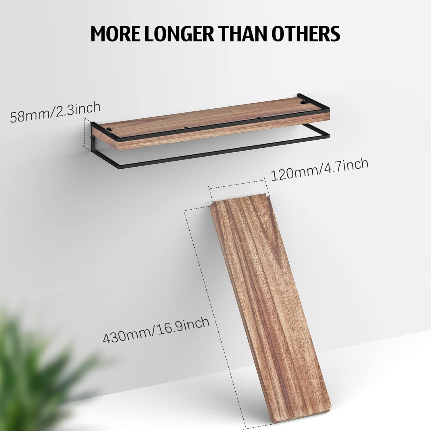 Meangood Floating Shelves Wall Mounted Set of 2, Rustic Wood Wall Storage Shelves for Bedroom,Living Room,Bathroom, Kitchen Torched Wood